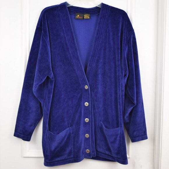 VTG Liz Sport Velour Cardigan Sweater Women Large Blue V Neck Grandpa Cozy Comfy - Picture 1 of 9